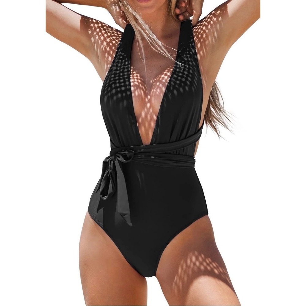 CUPSHE Black Plunging V-Neck Wrap Tie One Piece Swimsuit  Size L
